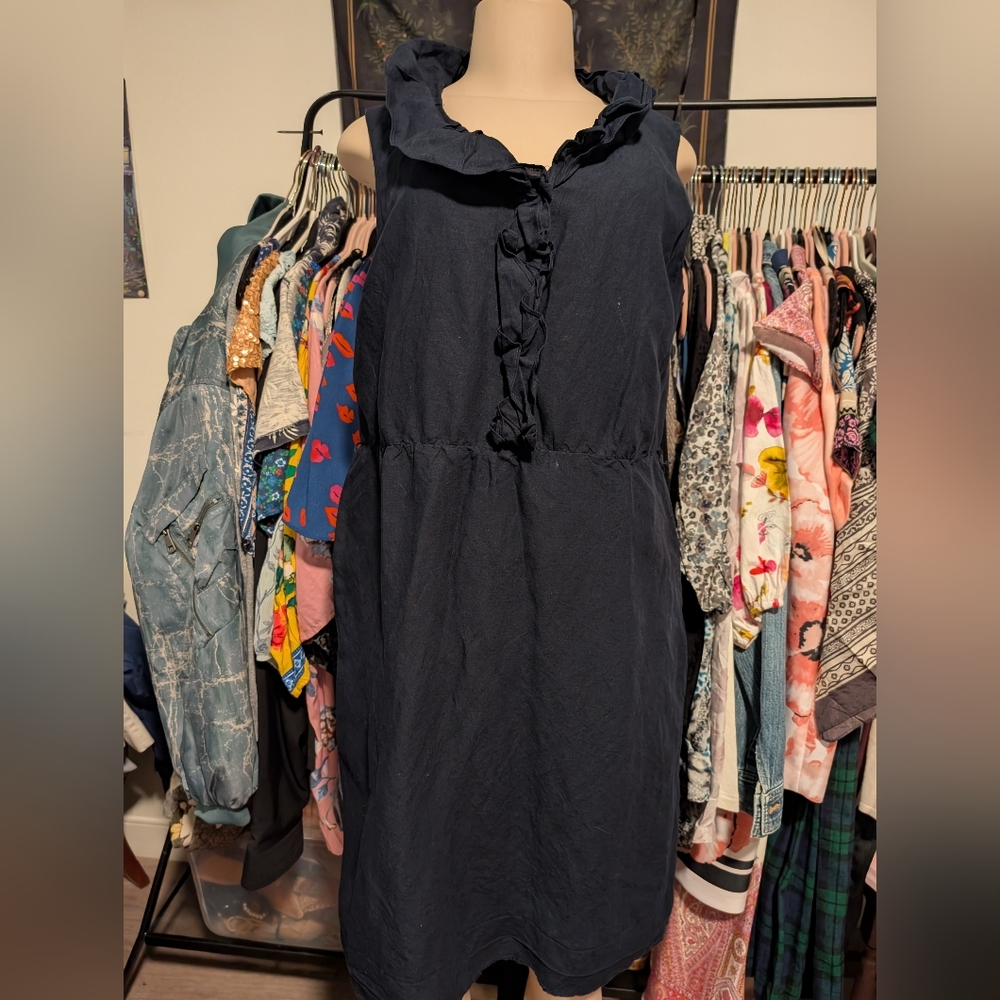 Linen Blend Navy Dress Ruffle Neck Sleeveless Casual Summer